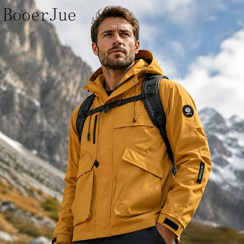 Fishing Jacket Waterproof - メンズ防水ハイキングジャケット ソフトシェル フード付き ウィンドブレーカー 軽量 フルジップ