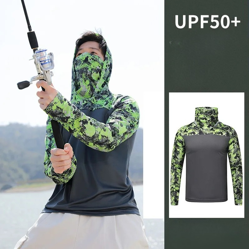 Fishing Mask Sun Protection - 釣り用シャツ フード付き メンズ 日焼け止め服 アウトドア 夏