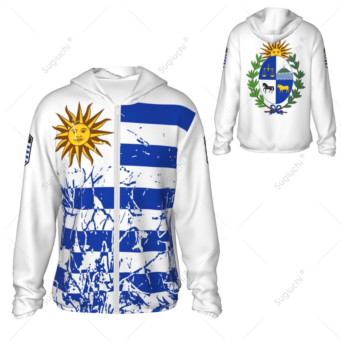 Fishing Hoodie - ウルグアイ国旗日焼け止めパーカー日焼け止め服釣りサイクリングランニング速乾性長袖ジッパー付きポリエステル
