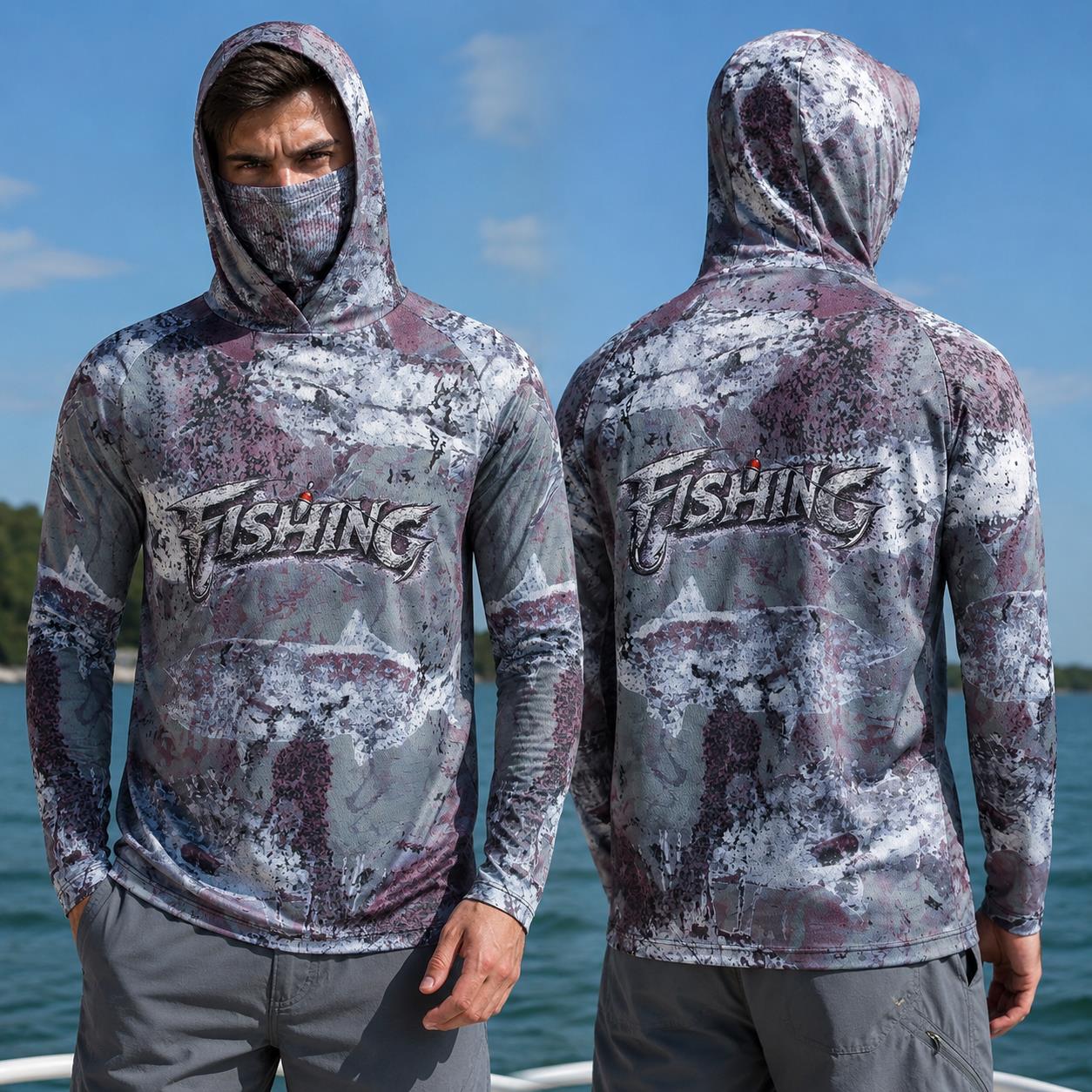 Fishing Mask Sun Protection - 釣り用シャツ フード付き メンズ 釣り服 長袖 アウトドア