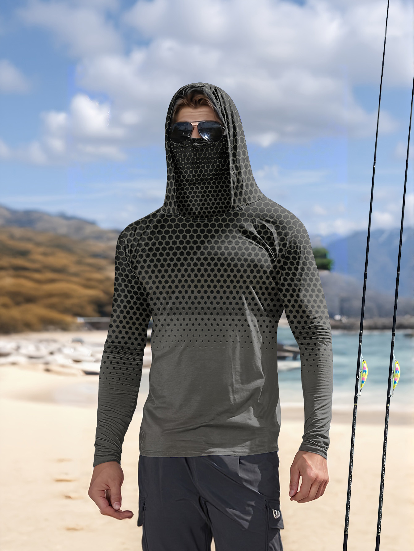 Fishing Hoodie - グレーグラデーションハニカムメンズフィッシングフード付きシャツ内蔵フェイスカバーUPF50+日焼け防止速乾長袖アウトドアトップス
