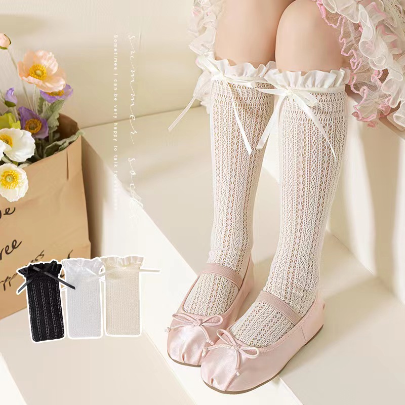 Fishing Socks - 女の子ロングチューブレースストッキング甘い弓ジャカードパターンメッシュ靴下女の赤ちゃんバレエ漁網フリル靴下ロリータレギンス