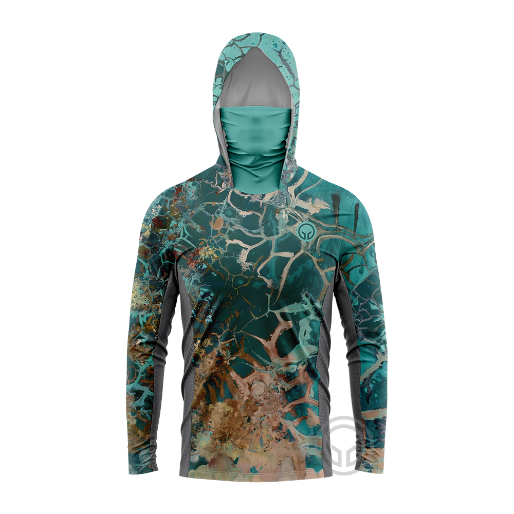 Fishing Hoodie - UPF50+ 日焼け防止メンズフィッシングフーディー カラフルスプラッシュジャングル迷彩柄 フェイスゲイター付き 速乾軽量フィッシングTシャツ