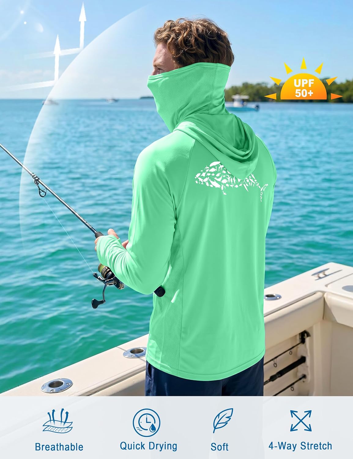 UPF 50+ メンズフィッシングフーディー、長袖UVカット - Fishing Shirt Uv Protection のレビューと価格